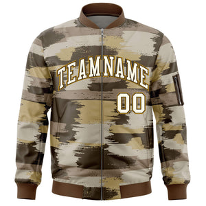 Custom Khaki Old Gold Varsity Full-Zip Camo Letterman Bomber Jacket