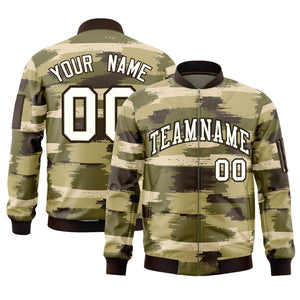 Custom Cream Black Varsity Full-Zip Camo Letterman Bomber Jacket