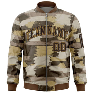 Custom Brown Old Gold Varsity Full-Zip Camo Letterman Bomber Jacket