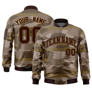 Custom Brown Old Gold Varsity Full-Zip Camo Letterman Bomber Jacket