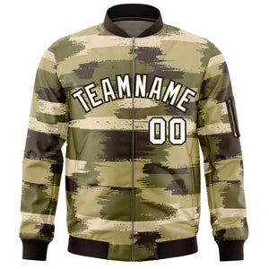 Custom Cream Black Varsity Full-Zip Camo Letterman Bomber Jacket