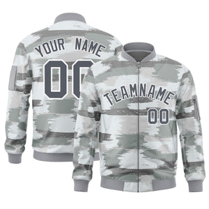 Custom Gray White Varsity Full-Zip Camo Letterman Bomber Jacket