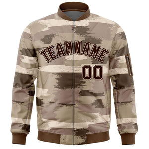 Custom Brown Black Varsity Full-Zip Camo Letterman Bomber Jacket