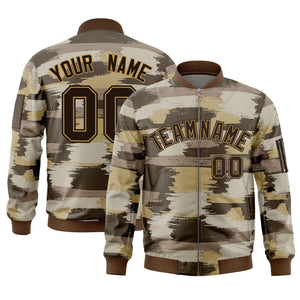 Custom Brown Old Gold Varsity Full-Zip Camo Letterman Bomber Jacket