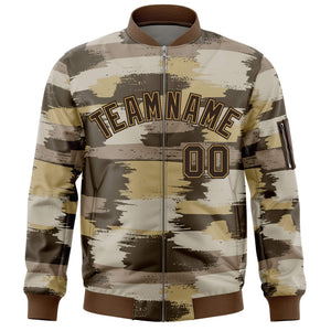 Custom Brown Old Gold Varsity Full-Zip Camo Letterman Bomber Jacket