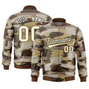 Custom Khaki Old Gold Varsity Full-Zip Camo Letterman Bomber Jacket