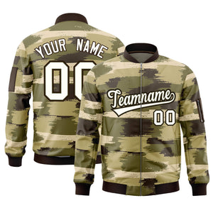 Custom Cream Black Varsity Full-Zip Camo Letterman Bomber Jacket