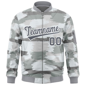 Custom Gray White Varsity Full-Zip Camo Letterman Bomber Jacket