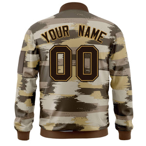 Custom Brown Old Gold Varsity Full-Zip Camo Letterman Bomber Jacket