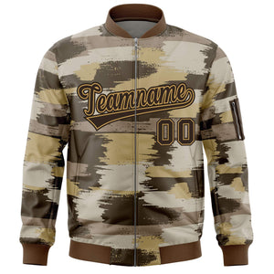 Custom Brown Old Gold Varsity Full-Zip Camo Letterman Bomber Jacket