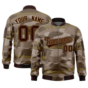 Custom Brown Old Gold Varsity Full-Zip Camo Letterman Bomber Jacket