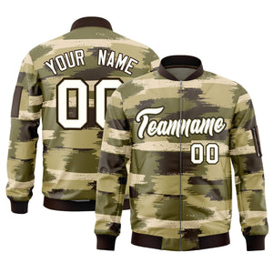 Custom Cream Black Varsity Full-Zip Camo Letterman Bomber Jacket