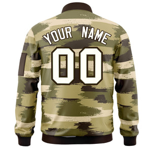 Custom Cream Black Varsity Full-Zip Camo Letterman Bomber Jacket