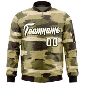 Custom Cream Black Varsity Full-Zip Camo Letterman Bomber Jacket