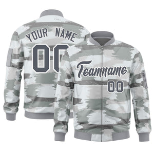 Custom Gray White Varsity Full-Zip Camo Letterman Bomber Jacket