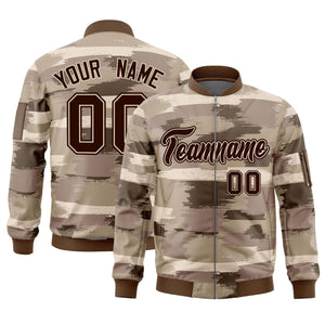 Custom Brown Black Varsity Full-Zip Camo Letterman Bomber Jacket