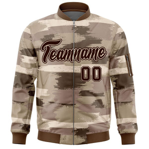 Custom Brown Black Varsity Full-Zip Camo Letterman Bomber Jacket