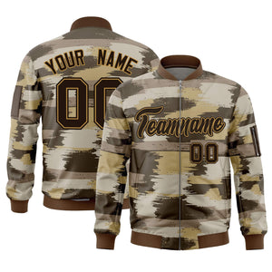 Custom Brown Old Gold Varsity Full-Zip Camo Letterman Bomber Jacket