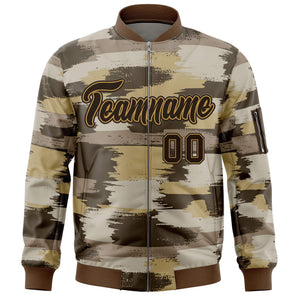 Custom Brown Old Gold Varsity Full-Zip Camo Letterman Bomber Jacket