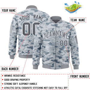 Custom Gray White Varsity Full-Zip Camo Letterman Bomber Jacket