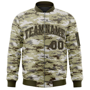 Custom Olive Varsity Full-Zip Camo Letterman Bomber Jacket