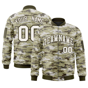 Custom White Olive Varsity Full-Zip Camo Letterman Bomber Jacket