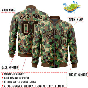 Custom Brown Khaki Varsity Full-Zip Camo Letterman Bomber Jacket