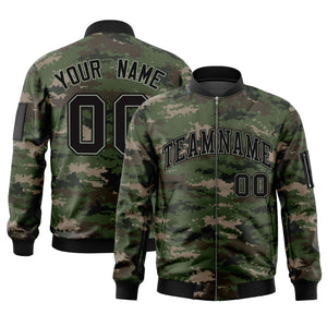 Custom Black Gray Varsity Full-Zip Camo Letterman Bomber Jacket