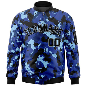 Custom Navy White Varsity Full-Zip Camo Letterman Bomber Jacket