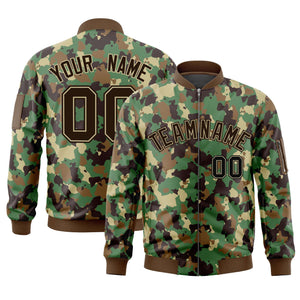 Custom Brown Khaki Varsity Full-Zip Camo Letterman Bomber Jacket