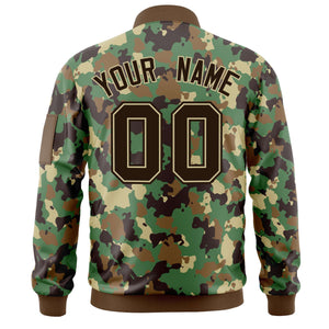 Custom Brown Khaki Varsity Full-Zip Camo Letterman Bomber Jacket