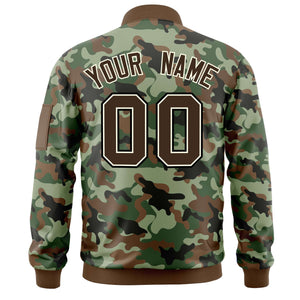 Custom Brown Khaki Varsity Full-Zip Camo Letterman Bomber Jacket