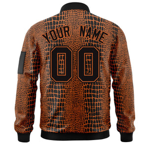 Custom Black Orange Varsity Full-Zip Crocodile Graffiti Pattern Letterman Bomber Jacket