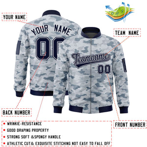 Custom Navy White Varsity Full-Zip Camo Letterman Bomber Jacket