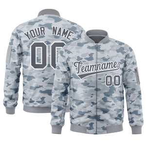 Custom Gray White Varsity Full-Zip Camo Letterman Bomber Jacket