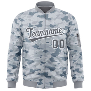 Custom Gray White Varsity Full-Zip Camo Letterman Bomber Jacket