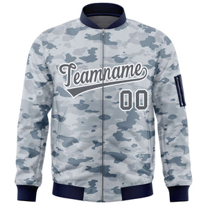 Custom Gray White Varsity Full-Zip Camo Letterman Bomber Jacket