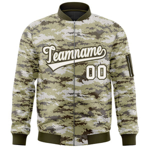 Custom White Olive Varsity Full-Zip Camo Letterman Bomber Jacket