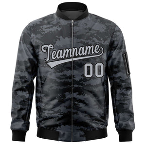 Custom Gray Black Varsity Full-Zip Camo Letterman Bomber Jacket