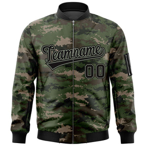 Custom Black Gray Varsity Full-Zip Camo Letterman Bomber Jacket