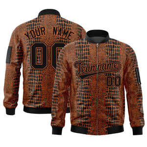 Custom Black Orange Varsity Full-Zip Crocodile Graffiti Pattern Letterman Bomber Jacket