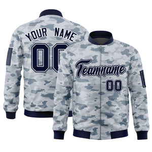 Custom Navy White Varsity Full-Zip Camo Letterman Bomber Jacket