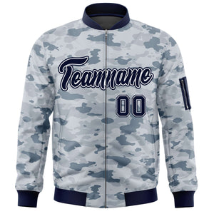 Custom Navy White Varsity Full-Zip Camo Letterman Bomber Jacket