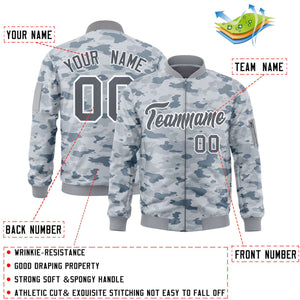 Custom Gray White Varsity Full-Zip Camo Letterman Bomber Jacket