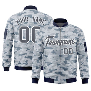 Custom Gray White Varsity Full-Zip Camo Letterman Bomber Jacket