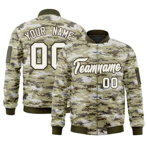 Custom White Olive Varsity Full-Zip Camo Letterman Bomber Jacket