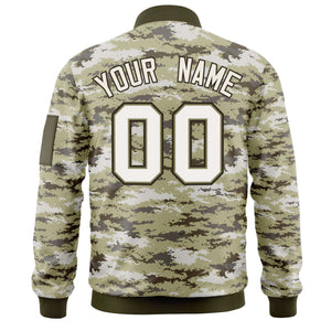 Custom White Olive Varsity Full-Zip Camo Letterman Bomber Jacket