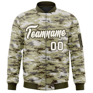 Custom White Olive Varsity Full-Zip Camo Letterman Bomber Jacket