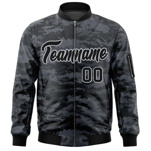 Custom Black Gray Varsity Full-Zip Camo Letterman Bomber Jacket