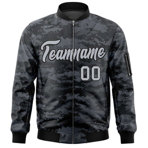 Custom Gray Black Varsity Full-Zip Camo Letterman Bomber Jacket